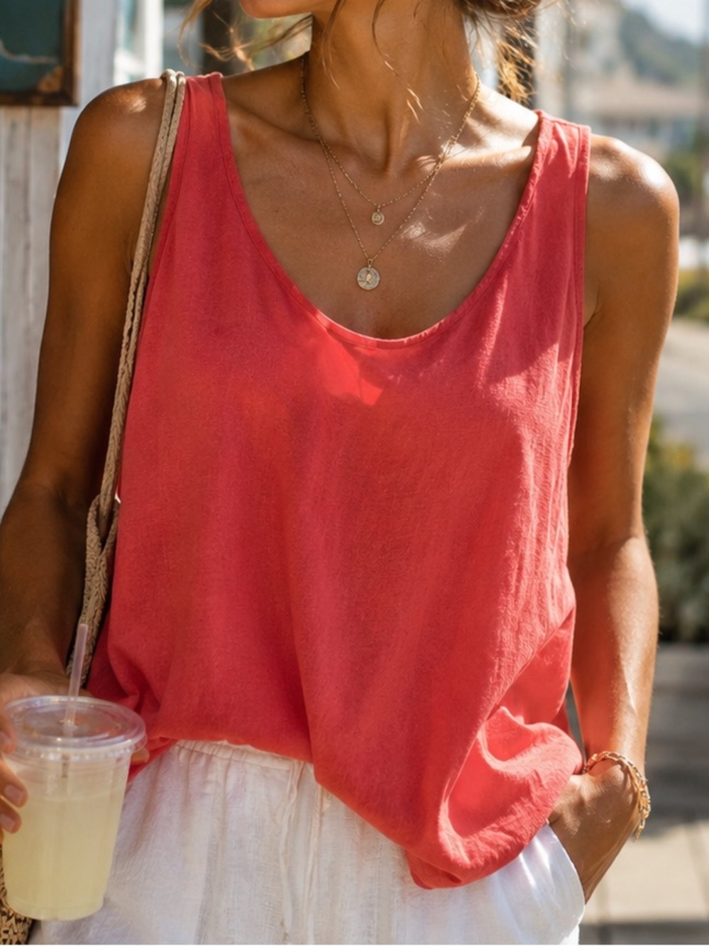 Women's Cottonseed Casual Wear Sleeveless Coral Tank Top 100% Cotton Beachy Boho